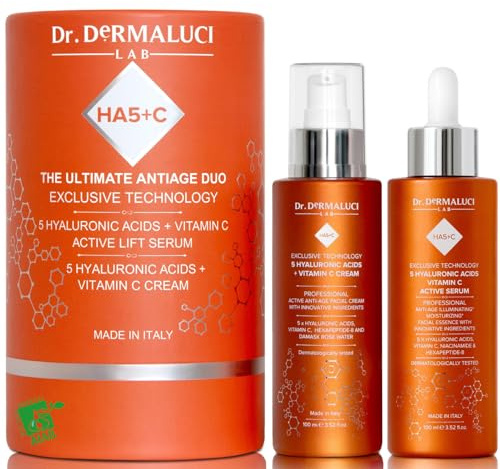 Regalo Donna/Uomo Cofanetto Skincare BIO | Idrata, Rimpolpa & Illumina | 5 Acidi Ialuronici, Hexapeptide & Vitamina C | Siero & Crema Viso(2x100ML) | Pelli Secche/Mature/Sensibili | AIAB Made in Italy