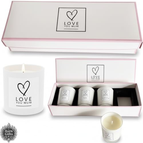 Mother's Day Candle Set - 4 Scented Votive Candles for Home –– Gift Box for Mum - Luxury Velvet-Lined Box – (Love You Mum - White)