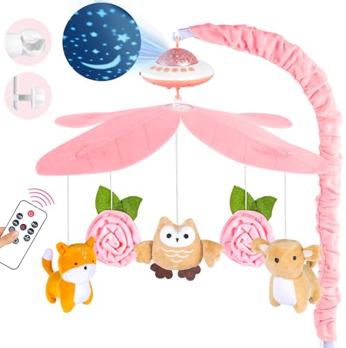 Baby Mobile Babybett, Mobile Baby mit Musik und Projektion, Mobile Wickeltisch Baby Mobiles für Bett, Spieluhr Baby Mädchen Junge, Baby Spielzeug 0 3 6 9 12 Monate Rosa