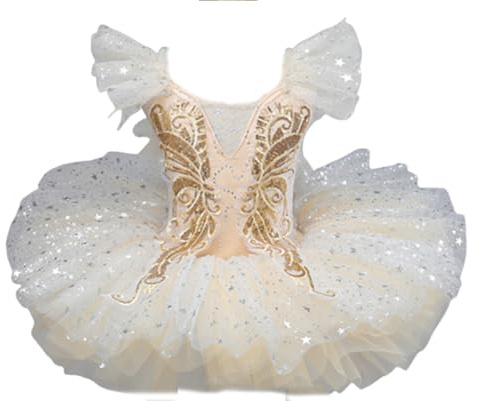 OTMYIGO Vestito da tutù da Balletto per Bambini, Gonna da Ballo per Bambine, Abito da Principessa Pancake, Costume da Competizione di Danza Classica,d'oro,130