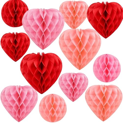 12 Pieces Honeycomb Balls Paper Party Decor Standing Column Hanging Lantern Ornaments for Valentines Day Wedding Birthday Party Home Event Decor Multicolor