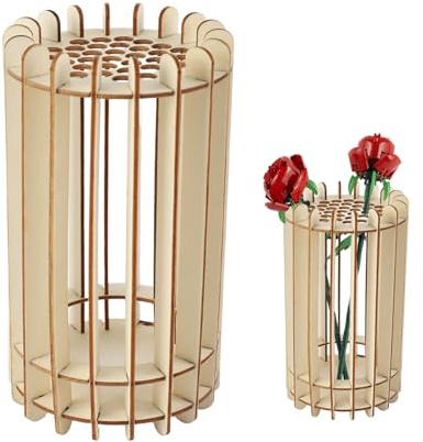 LdawyDE Holzvase für Lego-Rosen, Vase Holz für Lego Blumen, Holzpuzzle Blumenvase für Blumenstrauß, DIY Deko Vase für Kunstblumen aus Bausteinen, Frische und Getrocknete Blumen