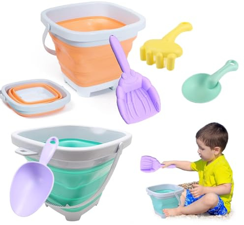 Juego de cubo y pala de playa – 6 cubos de playa plegables con palas y rastrillo, cubos de arena plegables con asa, herramientas portátiles de arena y agua para jugar al aire libre para playa, jardín