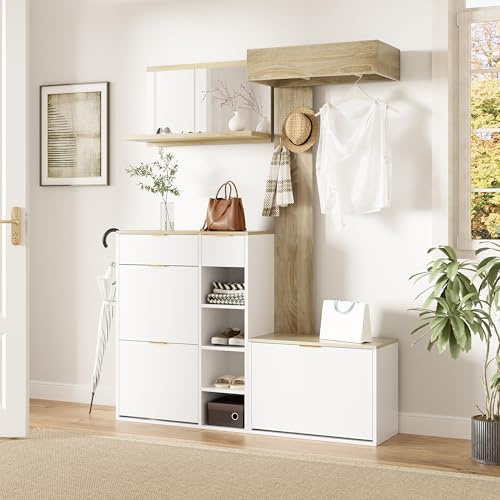 Qsddk 4-Teiliges Garderobe Set mit Schuhschrank und Sitzbank, Garderobenset mit Wandspiegel und Garderobentafel, Flurgarderobe Garderobenschrank, Flur Möbel für Diele, Weiß+Natural, 130x30x174 cm