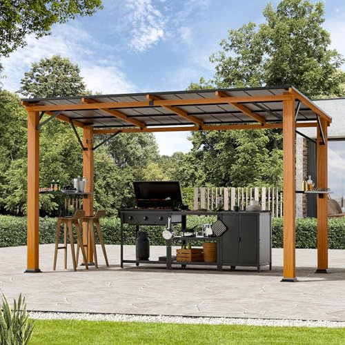 Modern Shade Grillpavillon 1,8 x 3,6m Hardtop mit Pultdach, Winterfest Wasserdicht Stabil Metall Pavillon mit Flaschenöffner, Haken, BBQ Gartenpavillon für Terrasse, Garten und Hinterhof, Holzoptik