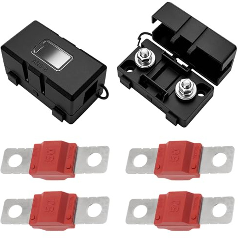 2x ANS Sicherungshalter & 4x 50A Midi Sicherungen Set (50 A) | Hochstrom Schraubsicherungen Kfz Sicherungshalter mit Schutzabdeckung für Auto, LKW, Caravan, Boot & Fahrzeuge