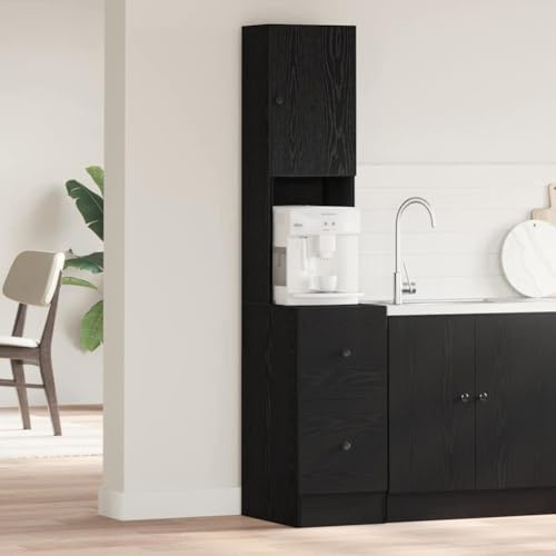 Tonture Köksbuffé med hylla i svart ekutseende, 32 x 50 x 180 cm, köksbyrå med dörr och förvaringsutrymme, modern skänk för kök, matsal, sidoskåp med låda och hylla