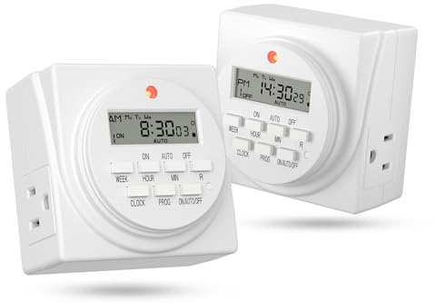 BN-LINK Indoor Digital Timer Outlet, Dual Outlet 7 Day Programmable Light Switch, 3 Prong Plug in Timers for Electrical Outlets, Lamps, Fans, 8 On/Off Programs, 2 Pack, 15A/1875W, ETL Listed