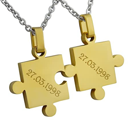 Hanessa 2 Stück Personalisierte Kette mit Gravur Edelstahl 50 cm mit Anhänger Puzzle Teil in gold - Personalisierte Geschenke für Damen Herren Freundin Freund - Partner Halskette für Sie und Ihn