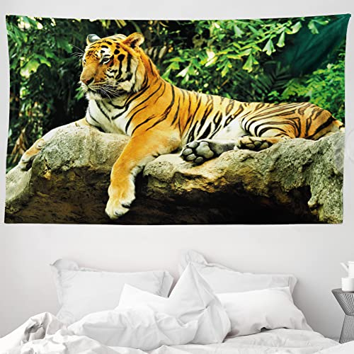 ABAKUHAUS Tiger Wandteppich und Tagesdecke, Big Cat Resting in Wald aus Weiches Mikrofaser Stoff Waschbar ohne Verblassen Digitaldruck, 230 x 140 cm,Kamel Grün