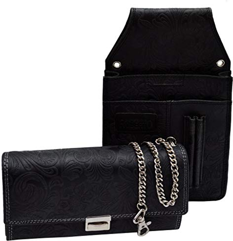 Kellner Börsen Set Braun Leder mit Halftertasche florales Muster Hochwertig (schwarz-grau)