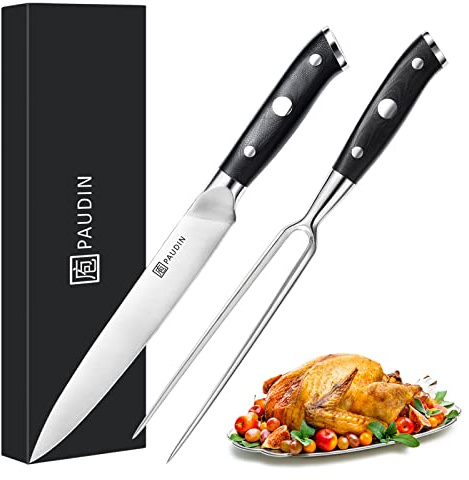 PAUDIN Carving Knife Set - 8 German Steel Turkey Carving Knife and Fork Set With Ergonomic Handle, Full Tang For Meat, Brisket