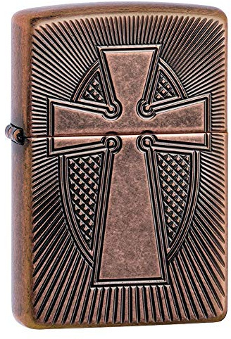 Zippo Sturmfeuerzeug - Kreuz Design - Antique Copper - Deep Carve - Nachfüllbar - Wiederverwendbar - Windfestes Design - Geschenkbox - Made in USA