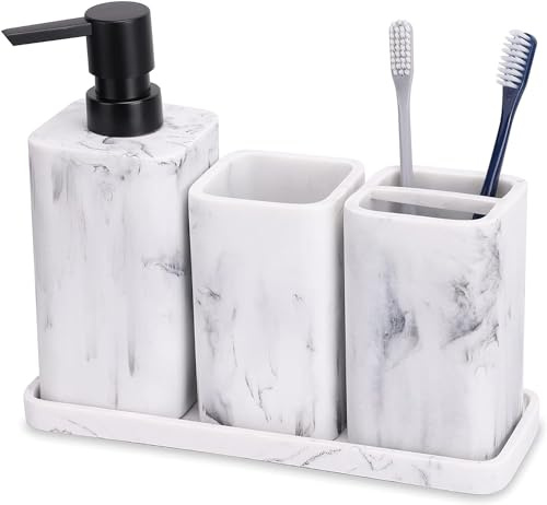 ZCCZ Ensemble d'accessoires de Salle de Bain, Design marbre Blanc, Ensemble Complet, Support de Brosse à Dents, Plateau, gobelet, Distributeur de Savon, Accessoire Décoratif pour Lavabo ou Comptoir