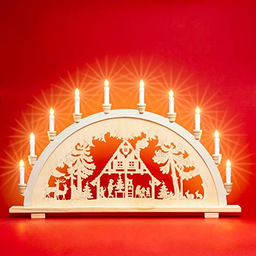 SIKORA LB57-10 klassicher XXL Holz Schwibbogen 10-flammig beleuchteter Lichterbogen Motiv WALDHAUS Deko Weihnachten Breite ca 71 cm
