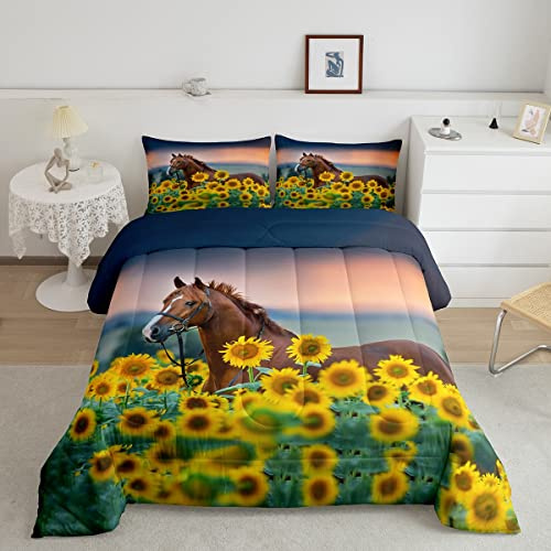 Feelyou Horse Comforter Set Sunflower Horse Print Bedding Set for Kids Adults Yellow Flowers Comforter Floral Botanical Farmhouse Decor Quilted Duvet Set Farm Animal Bedding with 1 Pillowcase Twin