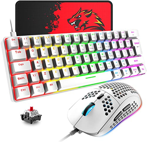 T60 Mini 60% Mechanische Tastatur-Maus-Sets, Kompakt 62 Tasten, Typ C Wired, 19 Hintergrundbeleuchtung Gaming-Tastatur + 6400 DPI RGB Maus + Mauspad, UK Layout für PC,Laptop - Weiß/Rot Schalter
