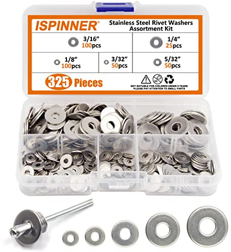 ISPINNER 325-teiliges Ersatznietenscheiben-Sortiment, Edelstahl-Unterlegscheiben für Blindnieten, Durchmesser 3/32 Zoll, 1/8 Zoll, 5/32 Zoll, 3/16 Zoll, 1/4 Zoll (Silber)