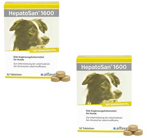 Alfavet HepatoSan 1600 | Doppelpack | 2 x 32 Tabletten | Ergänzungsfuttermittel für größere Hunde | Zur Unterstützung der Leberfunktion bei chronischer Leberinsuffizienz