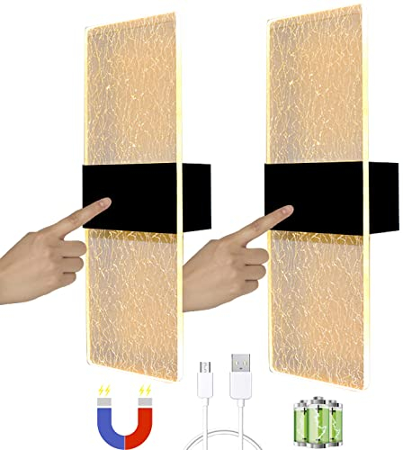 BOBOPAI USB Akku Aufladbare Wandleuchte Kabellos Batterie Touch Control Wandlampe mit Schalter, 3000K Dimmbare Innen LED Wandleuchten ohne bohren und Stromanschluss, Schwarz, 3W, 4000mAh, 2 Stück