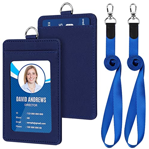 2 Stück Ausweishülle Kartenhülle mit Schlüsselband, Mit 2 Kartenfächernmit, PU Leder ID Card Holder, Ausweishalter Abzeichen Kit,Für Geschäftsereignisse, Arbeit, Büro, Blau
