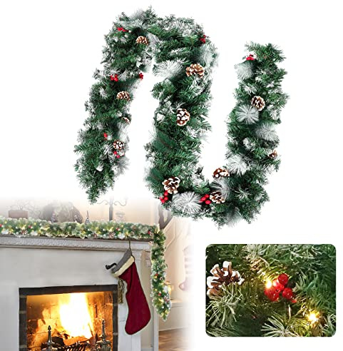 LZQ Tannengirlande 8m, Girlande Weihnachten, Weihnachtsgirlande mit Beleuchtung, Weihnachtsdeko Girlanden mit Roten Beeren und Tannenzapfen, für Innen und Außendekoration von Türen, Wänden und Treppen