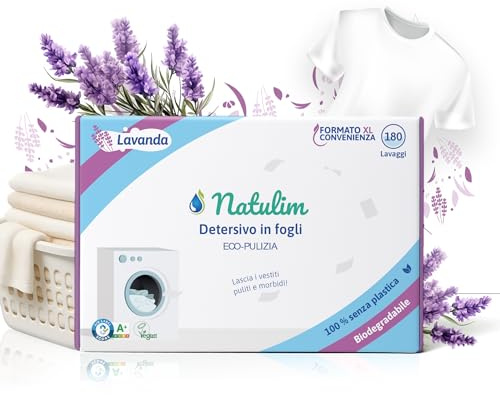 Natulim - Tvättmedelsremsor (180 tvättar) - Inklusive mjukmedel, ekologiskt, allergivänligt, tillverkat i Spanien - Kläderna blir rena och mjuka utan att smutsa ner planeten (Lavendel)
