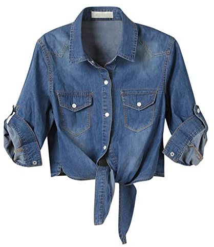Women's Denim Shirt 3/4 Sleeve Tie Front Top Knot Chambray Cardigan Button Shirt Jean Crop Top Jacket for Women Dark Blue L