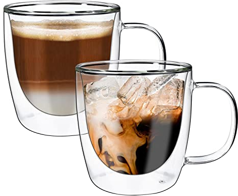 Vinsani VITRUM Double Walled Coffee Drink Glasses Tea Cup Mug 400ml Set of 2 Heat Cold Resistant Aesthetic Clear Borosilicate Glass with Handle Cappuccino Latte Tea Dessert Hot and Cold Drinks