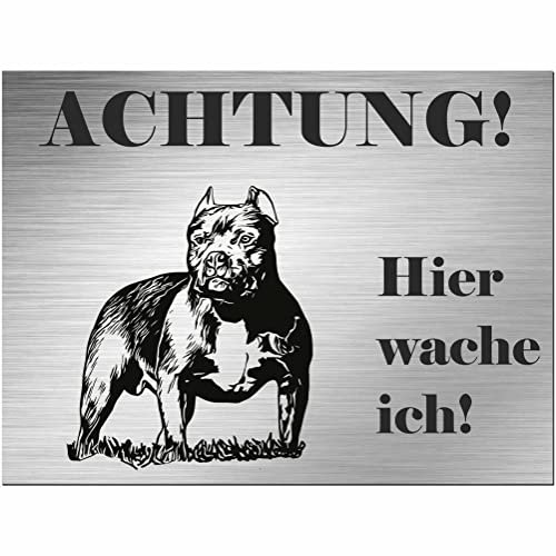 Indigos UG - Schild Pitbull - bedruckt - Achtung Hier wache ich! - Aluverbundplatte Edelstahl Look - 60x40 cm - Spruch - Deko Geschenkidee für Ihren Hund - Zaun - Türschild - Hinweisschild