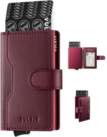 VULKIT Kortplånbok Popup-kort för Män Kreditkortshållare Herr RFID Blockering med 3 Läderkortplatser och 1 ID-fönster Smal Metall Kortshållare med Magnetisk Stängd, Rödvin