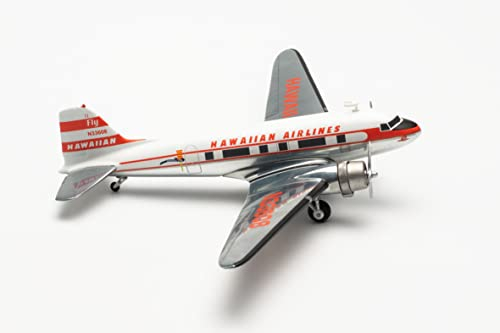 Herpa Modellflugzeug Hawaiian Airlines Douglas DC-3 Viewmaster N33608 Maßstab 1:200 - Modellbau Flugzeug, Flugzeugmodell für Sammler, Miniatur Deko, Flieger ohne Standfuß aus Metall
