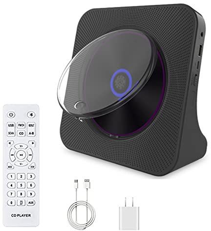 ALSUP Cd player,Bluetooth Desktop CD Player with Speakers, Dust Cover, FM Radio, Anti-skip Protection, Music Player Home Audio Boombox with LCD Display, Remote, Aux Input,Black-Rechargeable