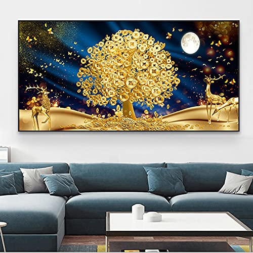 Dittelle Gold-Geldbaum-Gemälde auf Leinwand, abstrakte moderne Poster und Drucke, Wandkunst, Elchbild für Wohnzimmer, Heimdekoration, 50 x 100 cm, rahmenlos