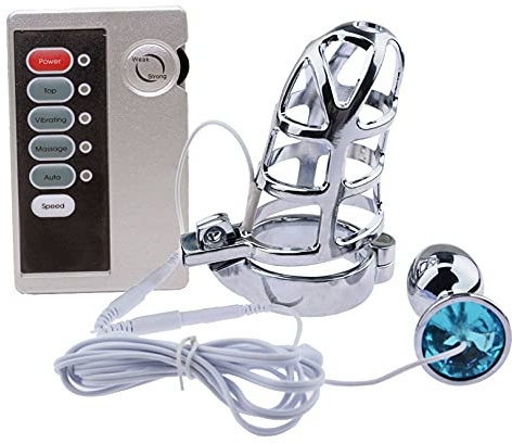 ZTHBYSB Sex Elektrostimulation Set, Elektrische Shock Metall Keuschheitsgürtel/Chastity Cage/Penniskäfig und Elektro Shock Analdildo Massagegerät, Erotik Sexspielzeug für Männer Frauen,Ring ø 45mm