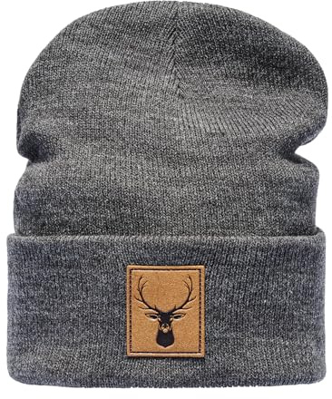 Baddery Beanie - „Hirsch“ - Strickmütze mit Leder-Patch | Warme Wintermütze für Herren & Damen