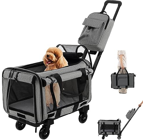 COSTWAY Sac à Dos avec Roues pour Chat Chien, Sac de Transport à roulettes pour Animaux de Compagnie, Caisse de Voyage Pliable avec Coussins et Poignée Télescopique, Charge 100KG, Gris