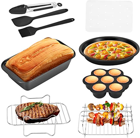 Swsdee Accesorios para Freidora de Aire Cuadrada, Kit de Accesorios para Freidora de Aire de 9 Piezas con Revestimiento Antiadherente, para Freidora Princess Ninja Philips Tefal 4.5l 5.2l 5.5l XL
