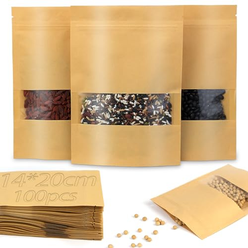 Kvittra 100pcs Kraft Paper Treat Bags with Window, Ziplock Stand Up Pouches for Packing Food Cookies Snacks, Resealable Bag with Transparent Window and Tear Notch for Multipurpose Storage