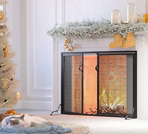 Kingson Kaminschutz mit magnetischen Türen, 2-teilig, handgefertigt, massives Schmiedeeisen, dekoratives Netz, klassischer Feuerfunkenschutz, schwarz, 88,9 cm T x 27,9 cm B x 71,1 cm H