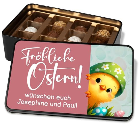 True Statements Pralinendose Ostern personalisiert – 12 Pralinen in Metalldose mit Ostermotiv – Individuelles Ostergeschenk mit Namen