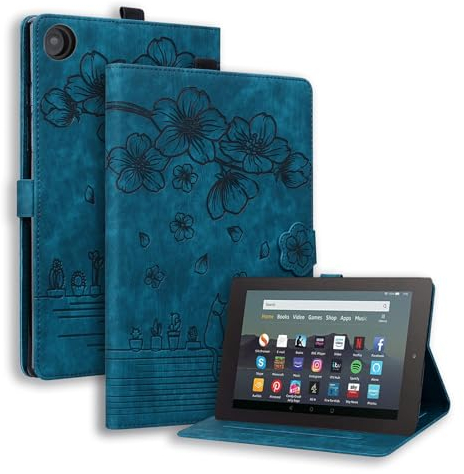 SLLMYYX Tablet-Hülle kompatibel mit Kindle Fire HD 8 & 8 Plus Tablet (12. / 10. Generation 2022/2020), Kirschblüten-Katze, PU-Leder, Folio-Aufstellfunktion, Smart-Cover, Blau