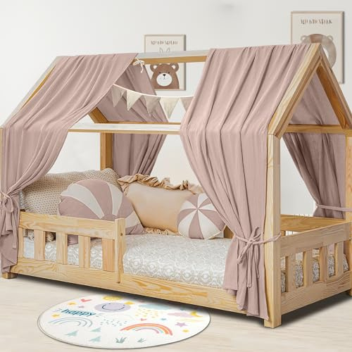 Hook Hausbett Himmel Deko Set, Betthimmel Hausbett aus Musselin - 2 Betthimmel & 1 Wimpelkette, für Jungen Mädchen Deko für Kinderzimmer, Baldachin Kinderzimmer Deko I 67 x 270cm Beigerosa