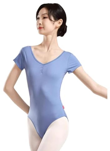WABMJGW Ballett-Trikot für Damen/Mädchen, Gymnastik-Tanz-Trikot, V-Ausschnitt, kurzärmlig, Body, hinten, Spitze, Patchwork, weicher Stretch Sport-Ballett-Outfit, Tanzbekleidung,Light Blue-M