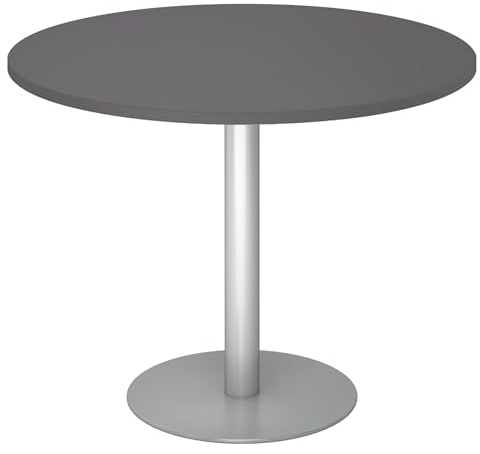 bümö Besprechungstisch, Esstisch klein, Tisch rund 100 cm - Kleiner Esstisch Graphit, Rundtisch Esstisch 2 Personen mit Holz-Platte, Säule aus Metall in Silber, Konferenztisch, Bistrotisch