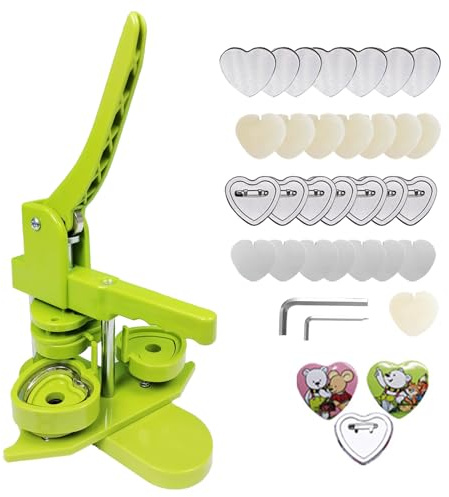 Buttonmaschine Herzform, Button Maker Maschine zur Herstellung von Abzeichen in Herzform mit 100 Stück Knopfteile & 1*Schablone & 2*Schraubendreher-Werkzeug für künstlerisches DIY-Handzeichnen (Grün)