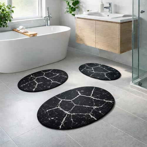 Bosdela Tappetini da Bagno Marble Black (Set da 3 Pezzi), 60x100 cm – Antiscivolo, Morbido, Lussuoso Design Marmo, Set di Tappetini per Bagno, Doccia, WC
