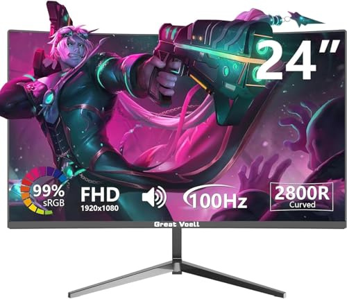 Great voell Curved Gaming Monitor 24 Inches, 100 Hz, FHD (1920 x 1080P), HDMI 2.0, HDR, Anti-Blue Light Eye Protection, 99% sRGB, FreeSync, VESA Support, Can Be Tilted, Screen