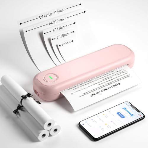 Bisofice L86 Mobiler Drucker A4 für Unterwegs 300 DPI, Kabelloser Reisedrucker Kompatibel mit Android/iOS, Tragbarer Thermodrucker A4 für Laptop, Reisen,Büro, mit 3 Thermopapier Rolle