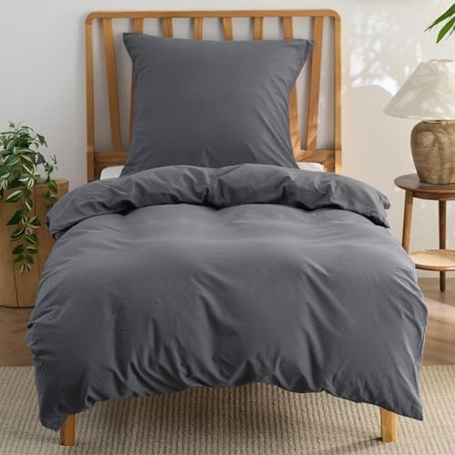 BEDSURE Bettwäsche 135x200 Baumwolle 2teilig - Anthrazit, 1 Kissen 80x80 cm | 100%Baumwolle Bettwäsche Set mit Reißverschluss, 1 Bettbezug+1 Kissen, Gewaschene Leinenoptik, Atmungsaktiv & Weich, Oeko-TEX